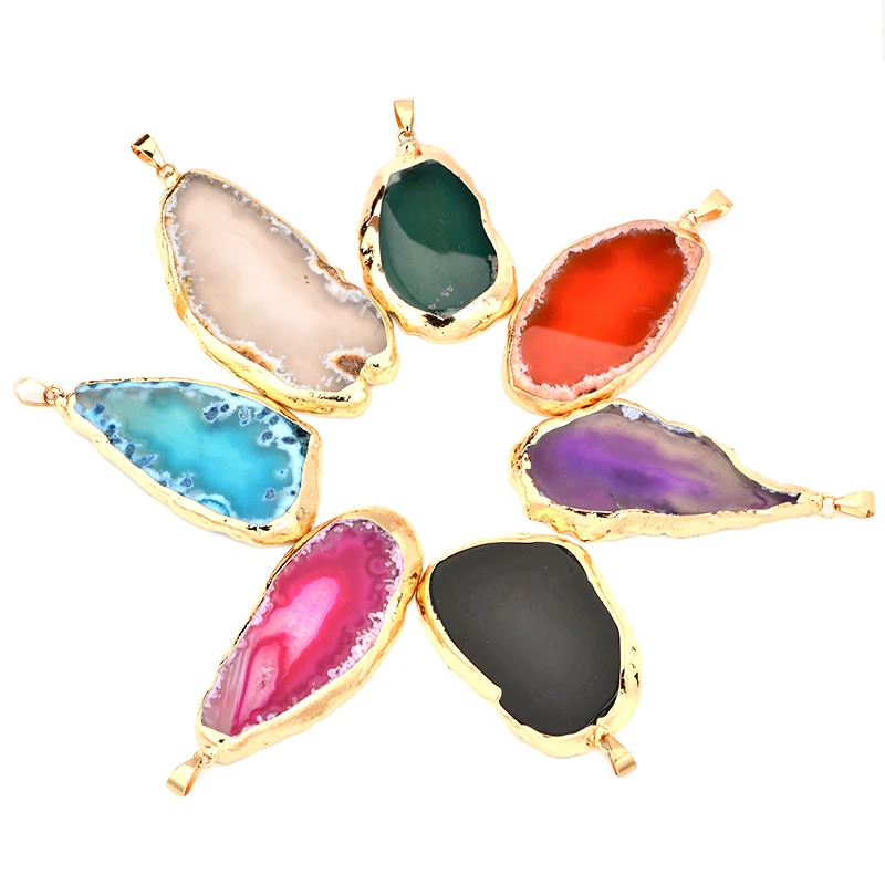 

High Quality Products Trendy Jewelry Agate Slice Pendant Custom Vivid Color Gold Rim Agate Pendant