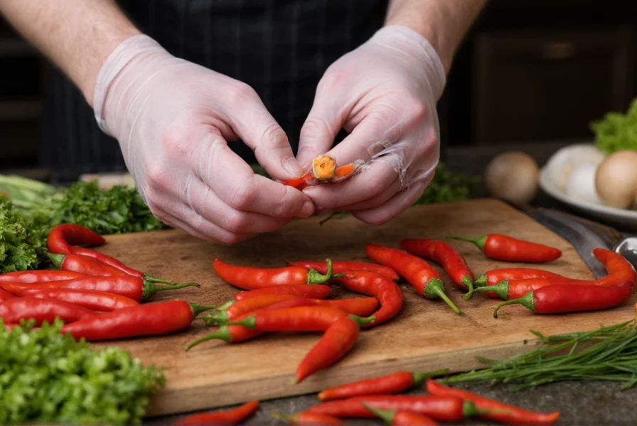 Chef carefully handling ghost chili pepper with protective gloves while preparing ingredients
