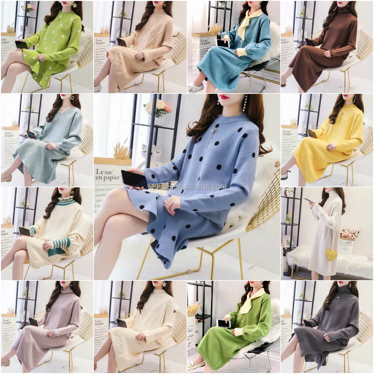 

2020 Fall Winter casual solid color oversized ribbed knitted dress pullover long Sleeve turtleneck women sweater