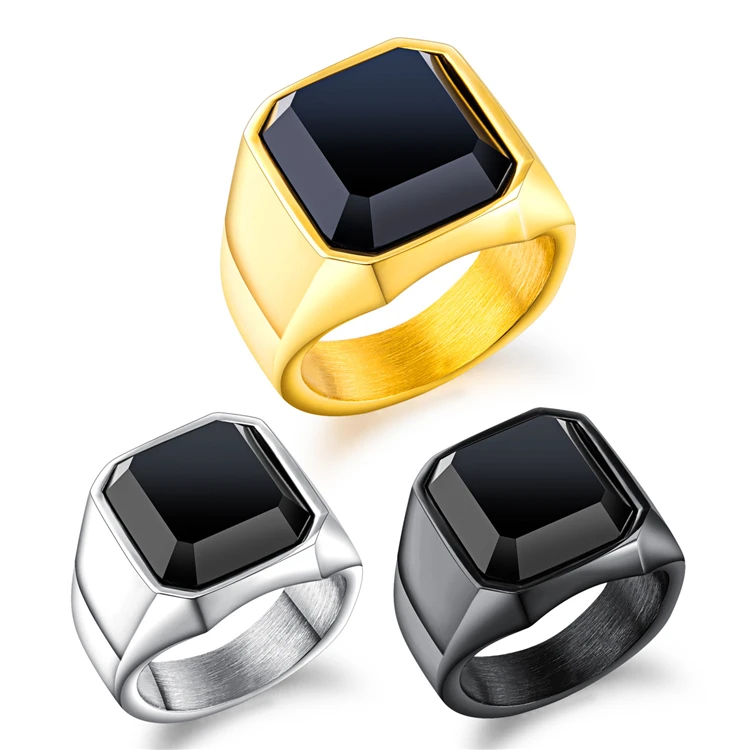 

Wholesale Vintage Black Stone Ring Stainless Steel Silver Gold Plated Rings For Mens