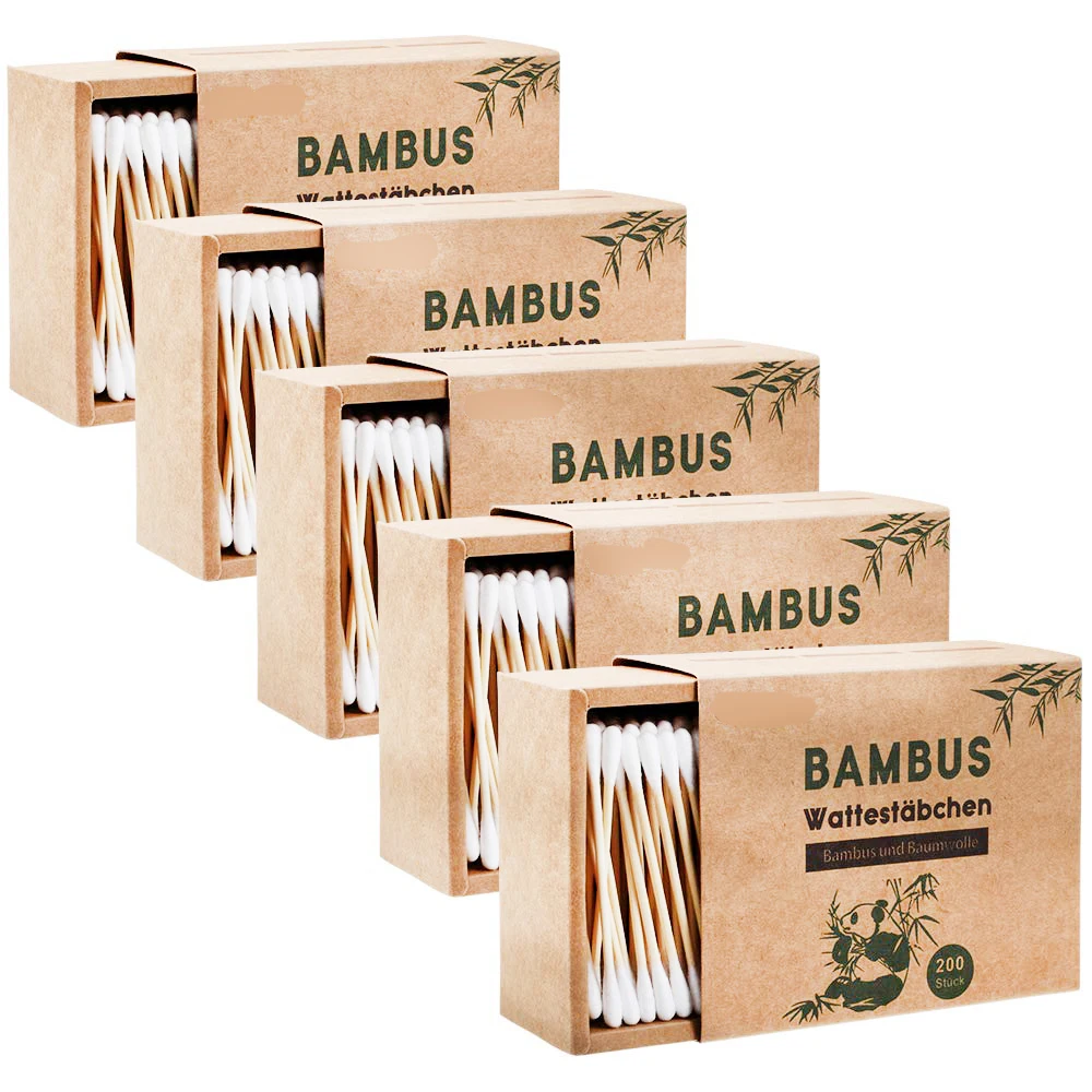 

200pcs eco friendly plastic free biodegradable paper box bamboo stick cotton swabs, White cotton+natural bamboo color