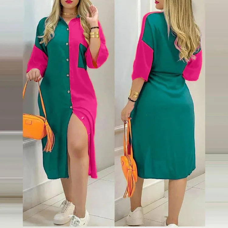 

Spring and autumn hot sale new fashion contrast color with irregular split casual dress