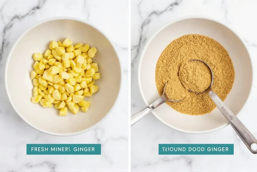 Comparison of fresh minced ginger versus ground ginger in separate bowls with measuring spoons