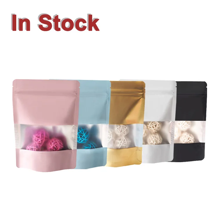 

In Stock and Custom Matte Black White Pink Blue Golden Stand Up Mylar Foil Packaging Zip Lock Doypack Pouches Bags With Window