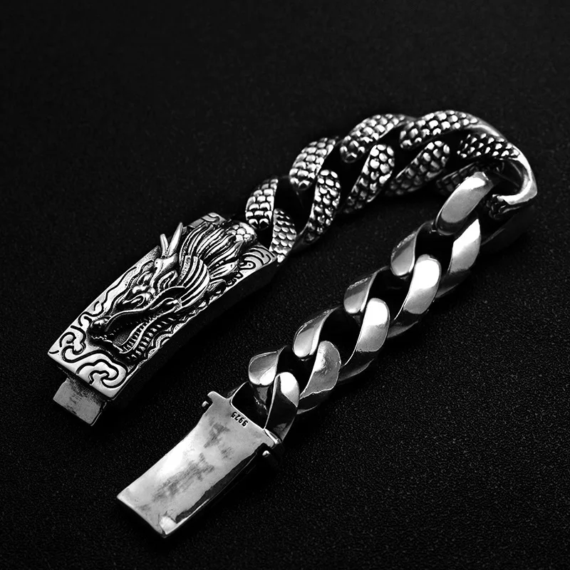 

S925 Sterling Silver Bracelet for Men Punk Rock Style Fashion Dragon Scale Men's Retro Dragon Pattern Wide Bracelet Jewelry