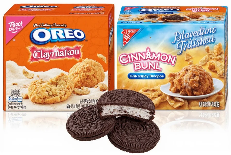 Cinnamon Bun Oreos used in a dessert recipe with crumbled cookies topping a slice of cheesecake