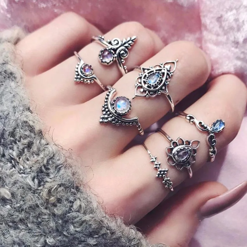 

European and American cross-border hollow carving flower purple diamond water drop exaggerated pattern 7 pcs/set of ladies rings, Antique silver color