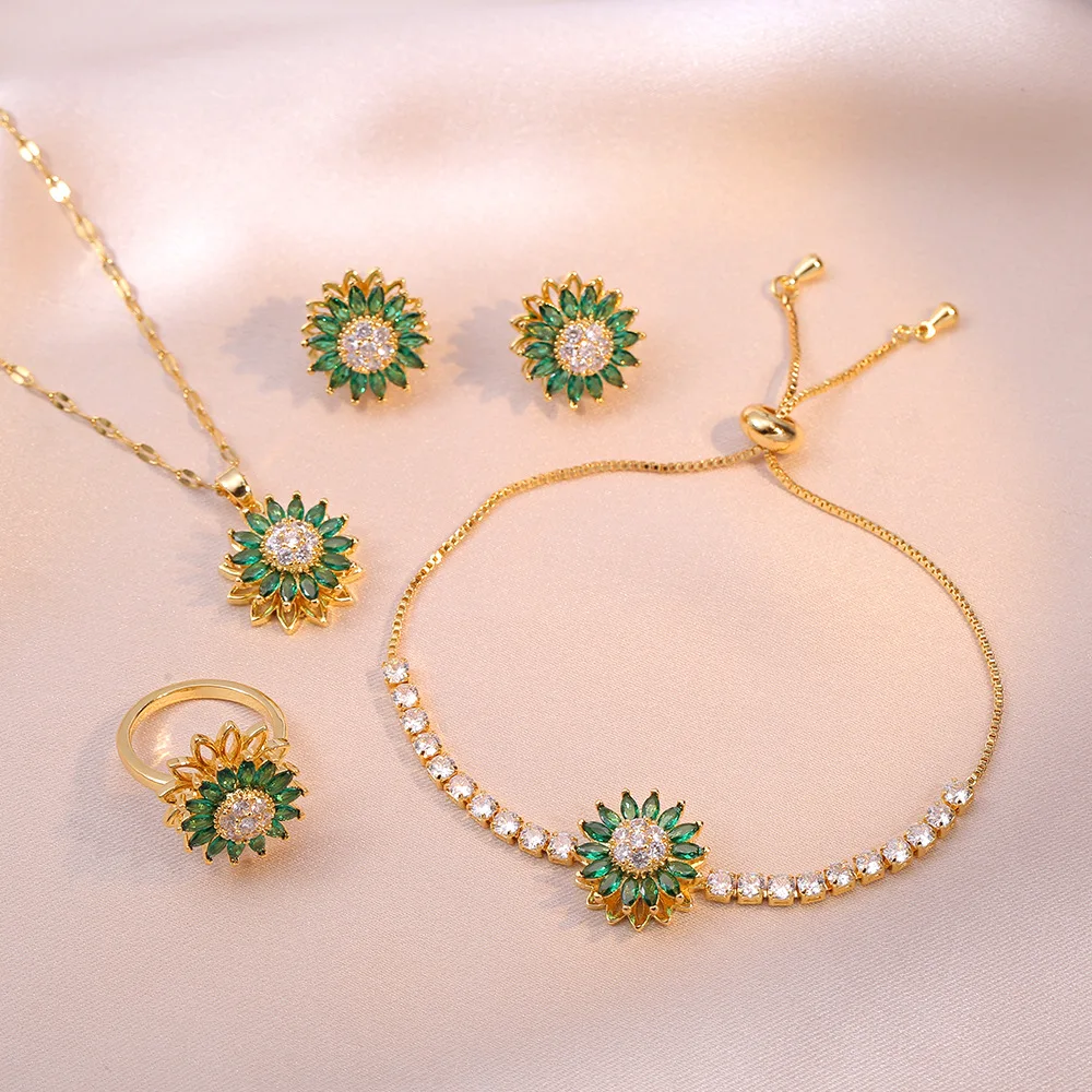 

Sun Flower Fashion Jewelry Set Spinner Ring Bracelet Necklace Set Rotatable Shiny 3A Green Zircon Jewelry Set