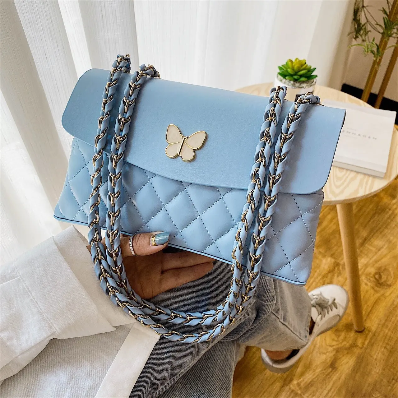 

2021 New korea style Chain Small Square Bag small diamond pattern chain bag, Blue, black,white or custom made