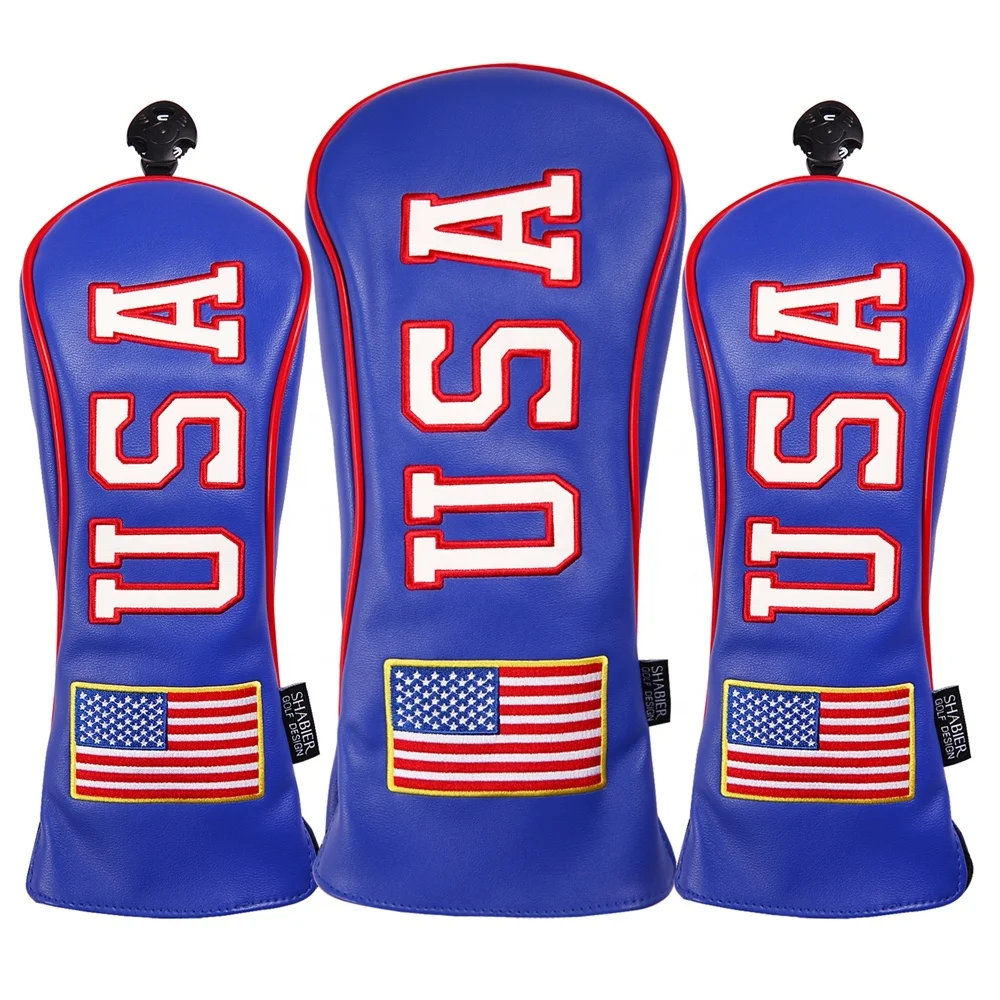 

Drop-Shipping 3 pcs Wood cover set PU Leather USA Flag Golf Club Headcovers Driver Fairway Wood Hybrid Cover