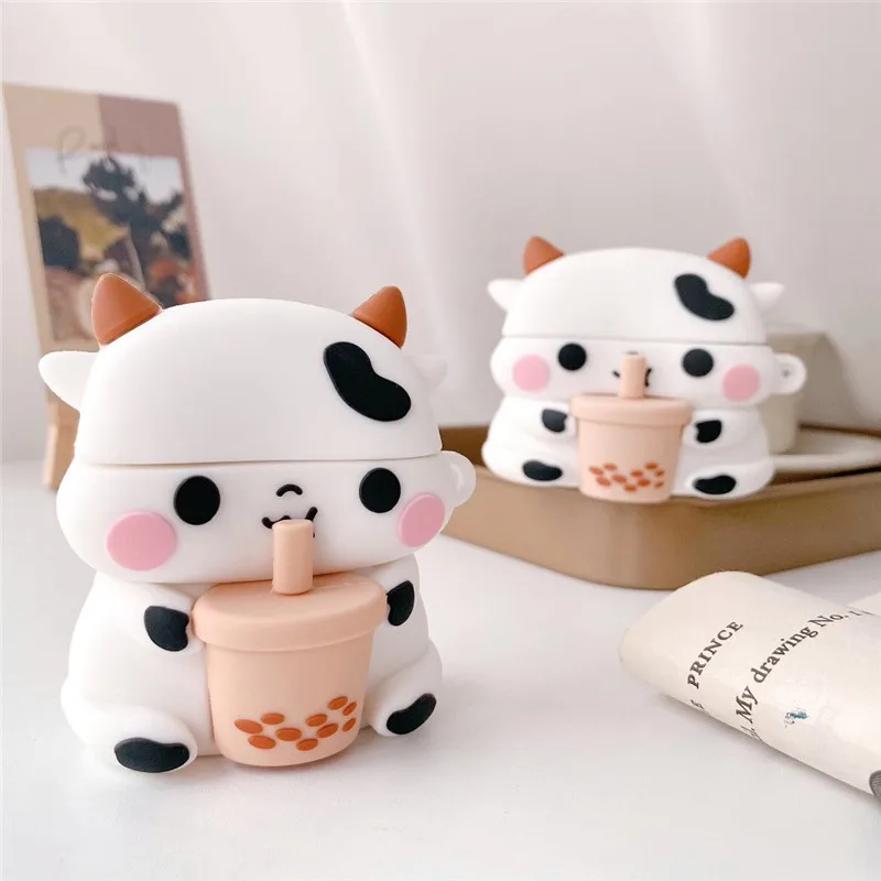 

Cartoon Cute Wireless Earphone Silicon Cover Milk Tea Cow Soft Silicone Case for Airpods 1 2 3 Pro