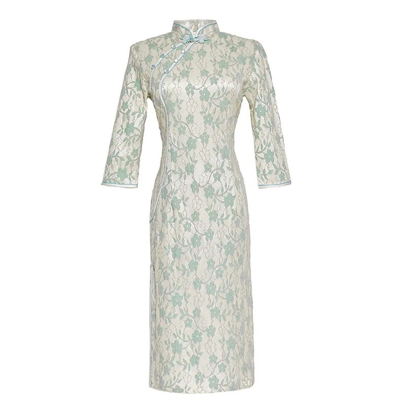 New Lace Mid Length 3/4 Sleeve Daily Qipao Improved Young Style Long Lace Dresses Women Ladies Elegant Night Dress Cheongsam