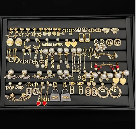 

Designer vintage pearl stud high edition CD letter Rhinestone temperament female tassel earrings