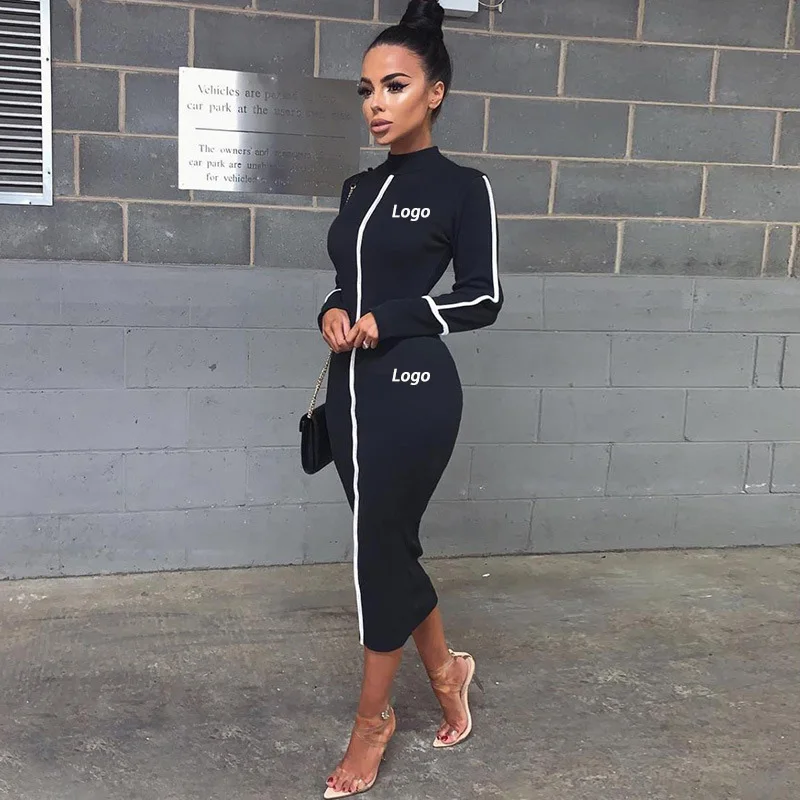 

custom logo long sleeve spliced women dresses street wear blank girl night business dress women casual dresses