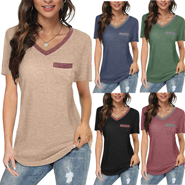 

D97051 New arrivals 2021 summer Patchwork V-neck pocket short sleeves casual loose T-shirt tops T-shirt fashionable