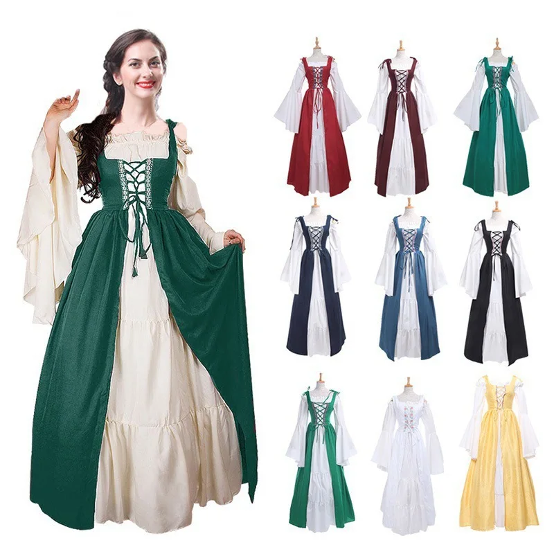 

Ecoparty Womens Renaissance Medieval Irish Costume Over Dress and Pure White Chemise Set, As show