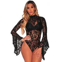 

Adult Women Black Lace Long Sleeve Sexy Lingerie Bodysuit