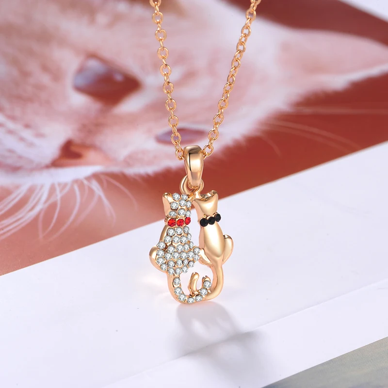

Fashion Necklace 2021 Trendy 18K Gold Plating Crystal Animal Couple Cat Cute Charm Pendant Necklace For Women