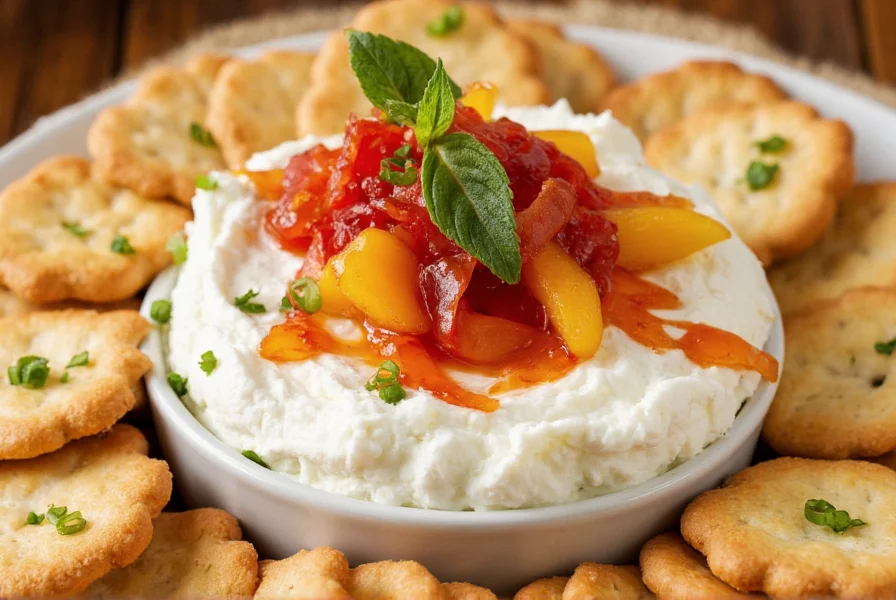 Elegant presentation of cream cheese pepper jelly appetizer with crackers, fresh herbs, and decorative fruit arrangement