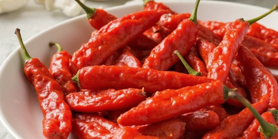 Guajillo chilies laid out on a wooden table