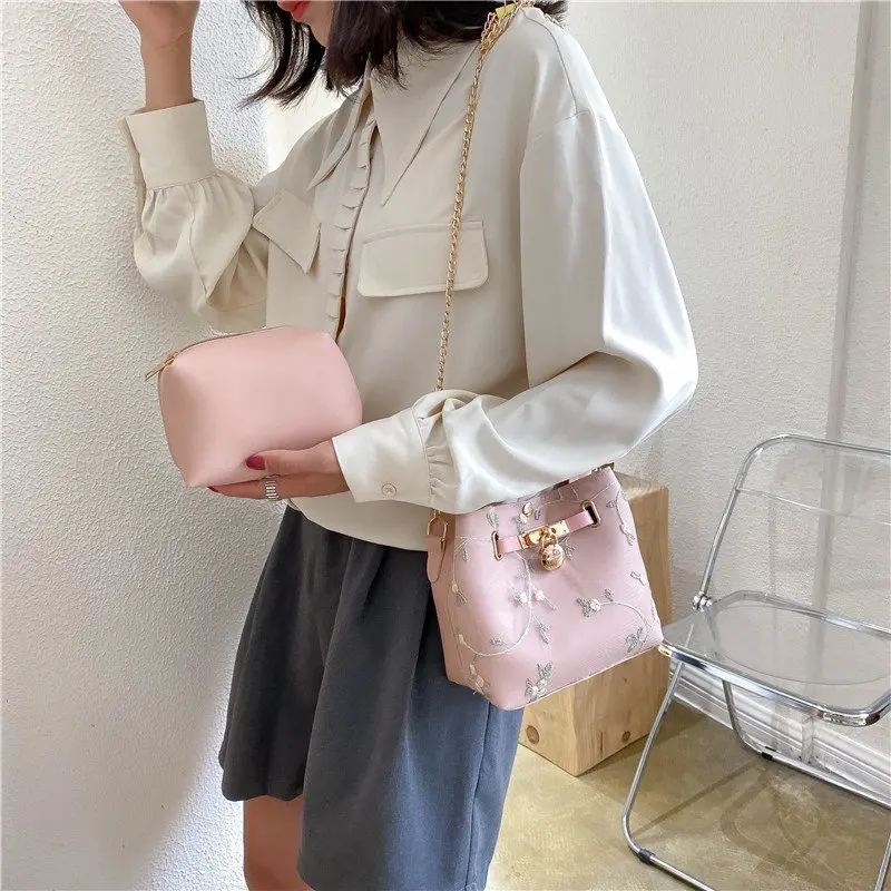 2020 Fashion Custom Women Pu Leather shoulder Embroidery Bucket Handbag