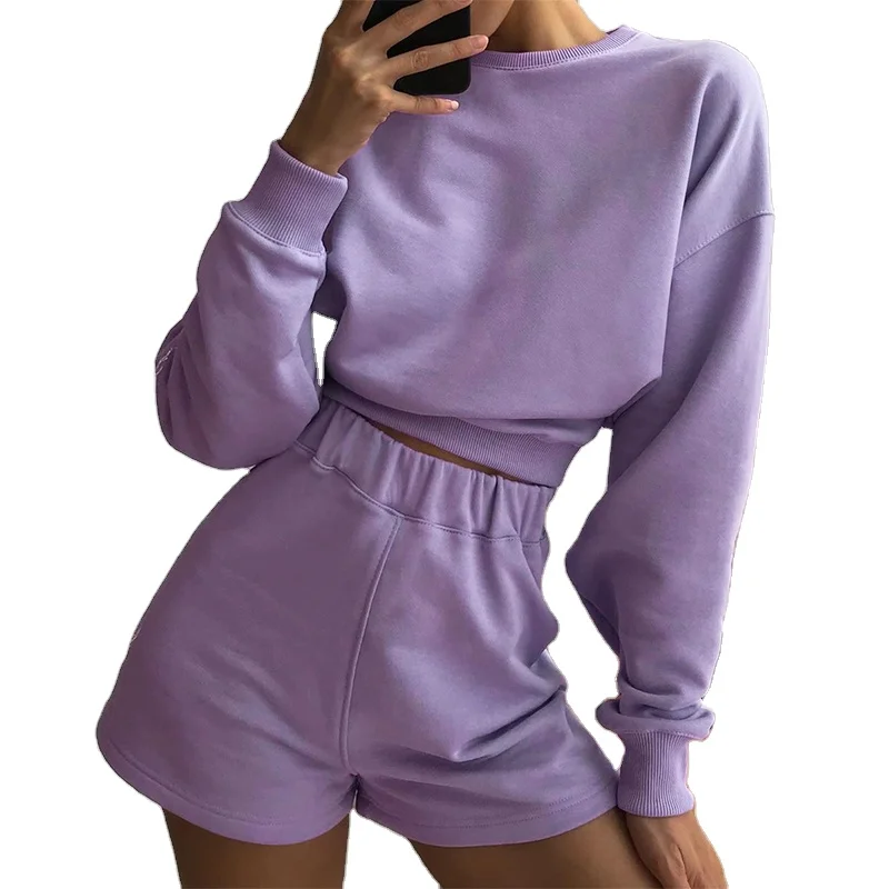 

KHG4325 New product solid color loose waist slimming long-sleeved sweater T-shirt shorts casual suit