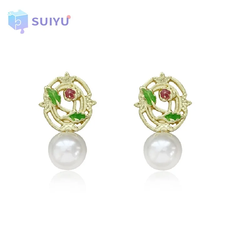

Small Vintage S925 Silver Pin Retro Baroque Pearl Rose Enamel Charms Earrings Temperament Alloy Rose Garden Pearl Earrings, Gold
