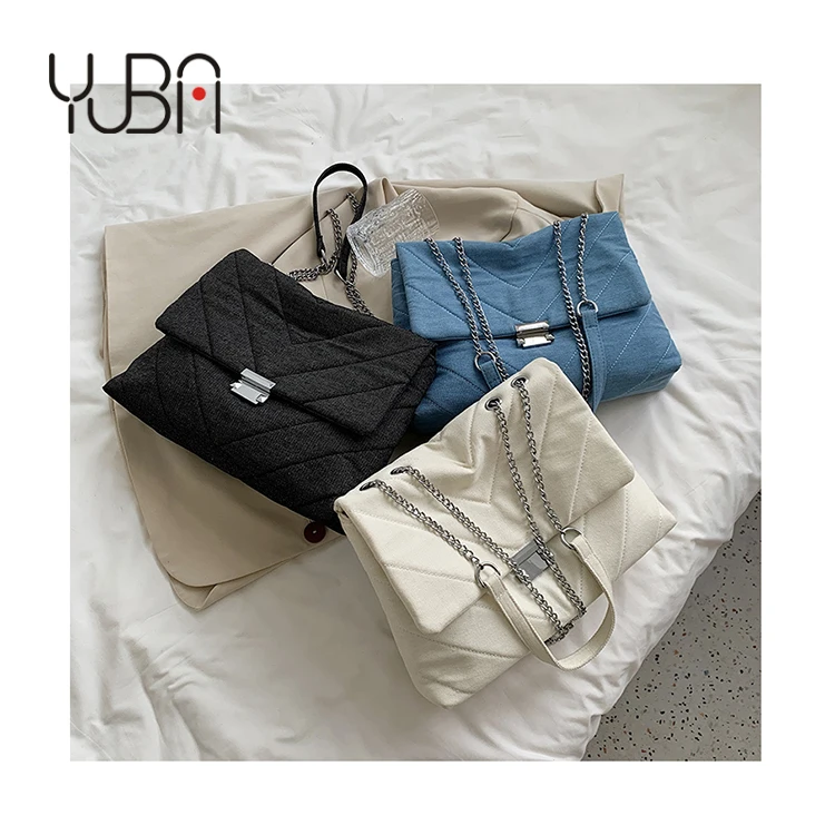 

Large capacity generous denim purse 2021 womens American Embroidery Quilted Casual Shoulder Messenger handbag, Customizable