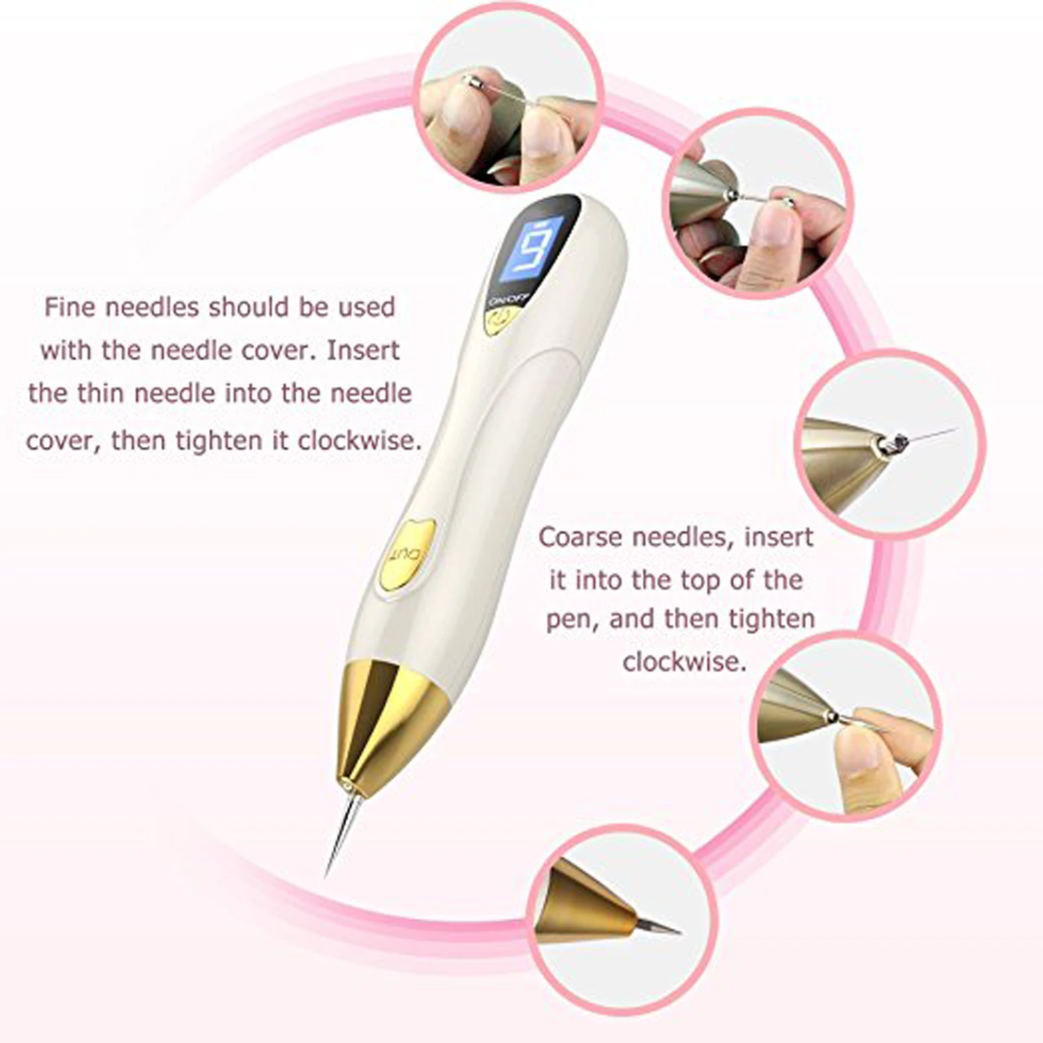 

LCD 9 speed level beauty mole laser spot removal pen beauty plasma pen, Gold and pink