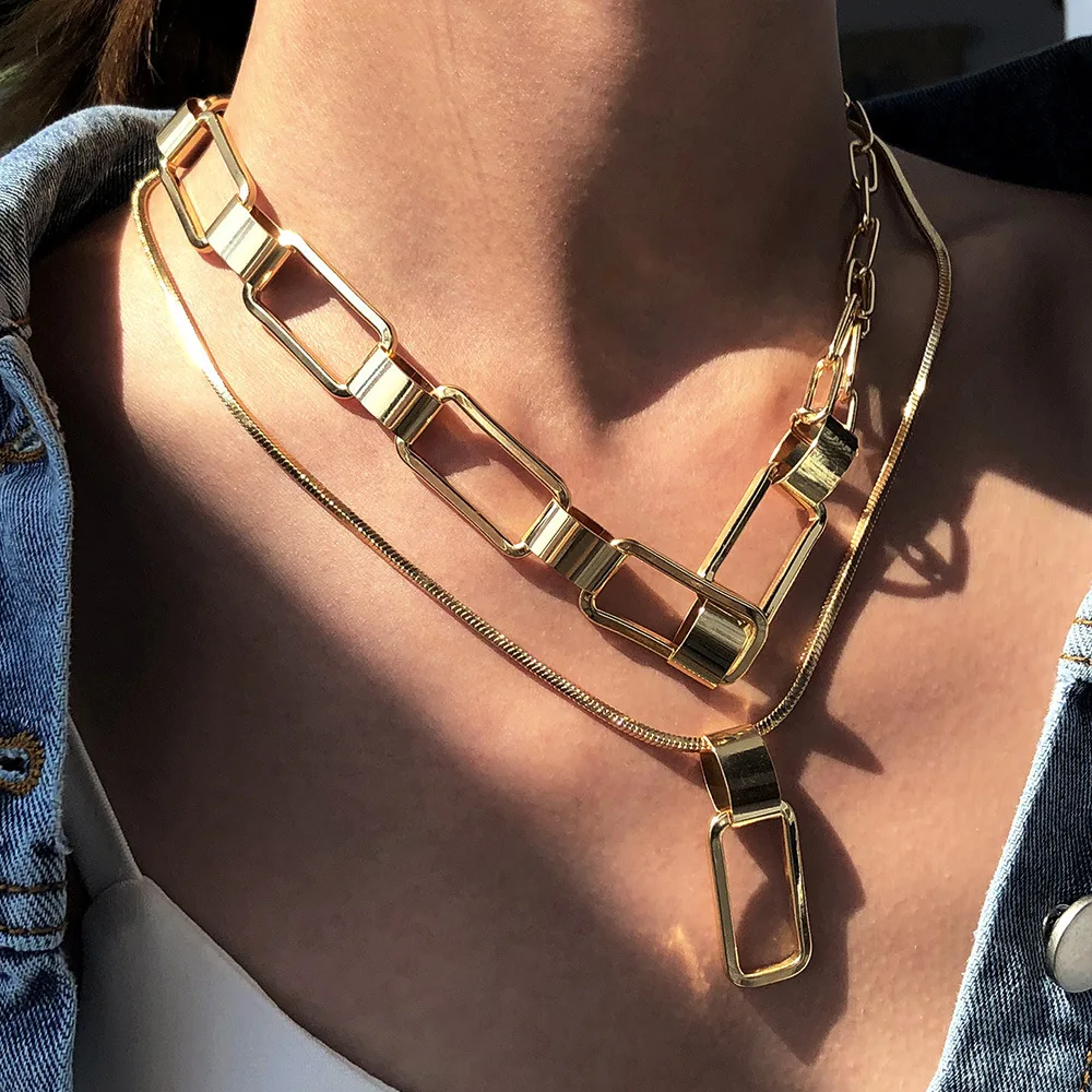 

Gold Plated Exaggerated Women Jewelry Double Layered Choker Necklace Hip Hop Thick Chunky Link Chain Pendant Necklace, As picture show