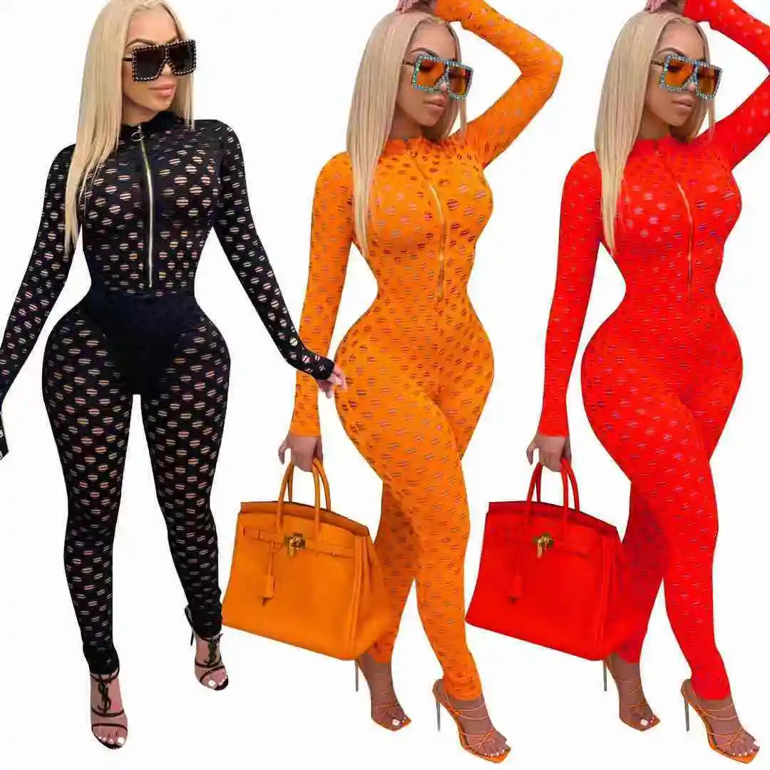 

America 2021 hot sale fashion bodycon hollow out jumpsuit women zip up stretch rompers sexy see through club dresses, 3 colors as picture