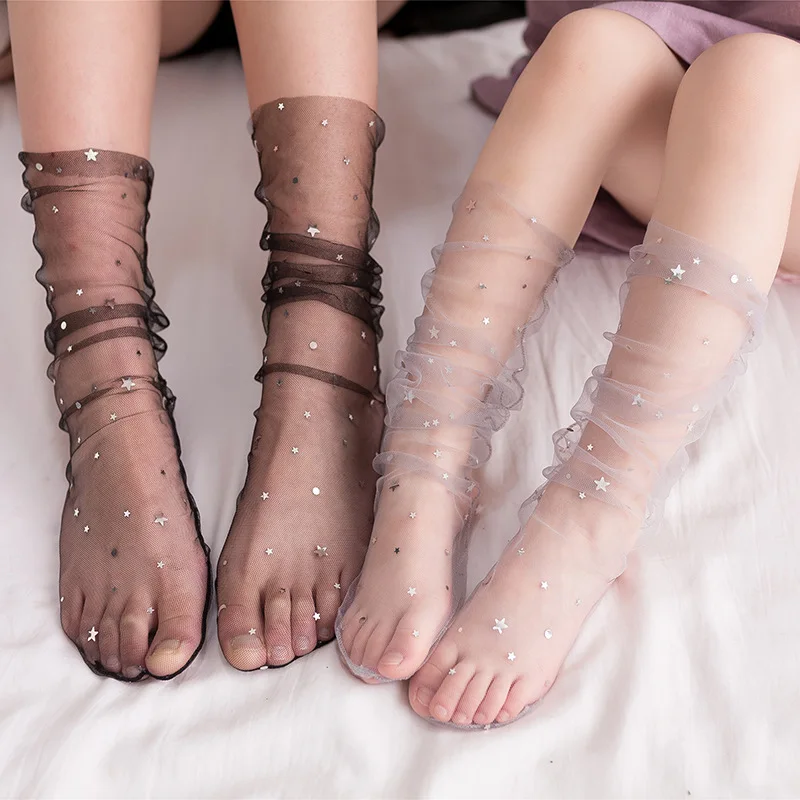 

sexy hot fashionable fancy breathable see through sequined fluffy sheer glittering young girl lady crew lace socks for women