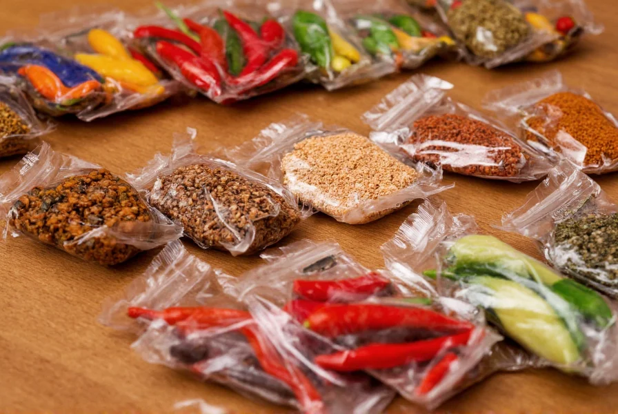 Close-up view of various chili seasoning packets arranged on wooden table