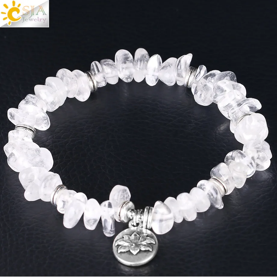 

CSJA handmade natural white crystal gravel chip genuine stone quartz energy lotus charm bracelet fashion jewelry F382