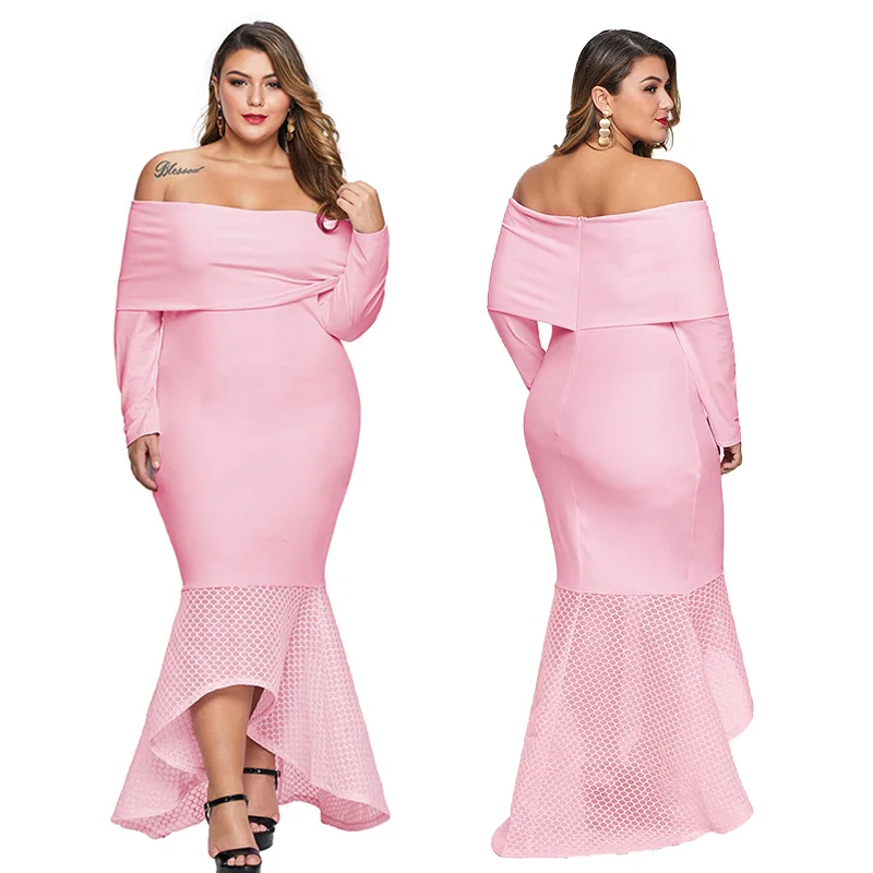 

Timely Shipping Black Pink Off Shoulder Formal Long Sleeve Maxi Plus Size Dresses For Lady, Customized