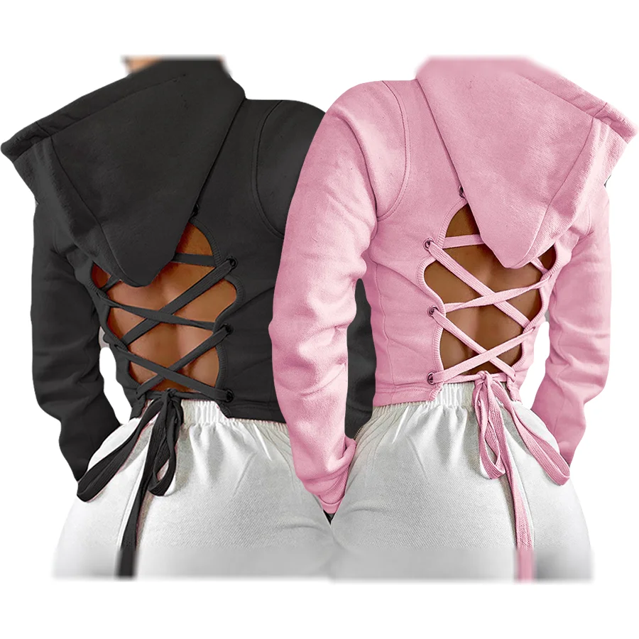 

2021 Spring Autumn Hollow Back Lace-up tie up Hooded Sweater Female Trendy Wild Crop Loose Cropped Hoodies Women, Avaliable