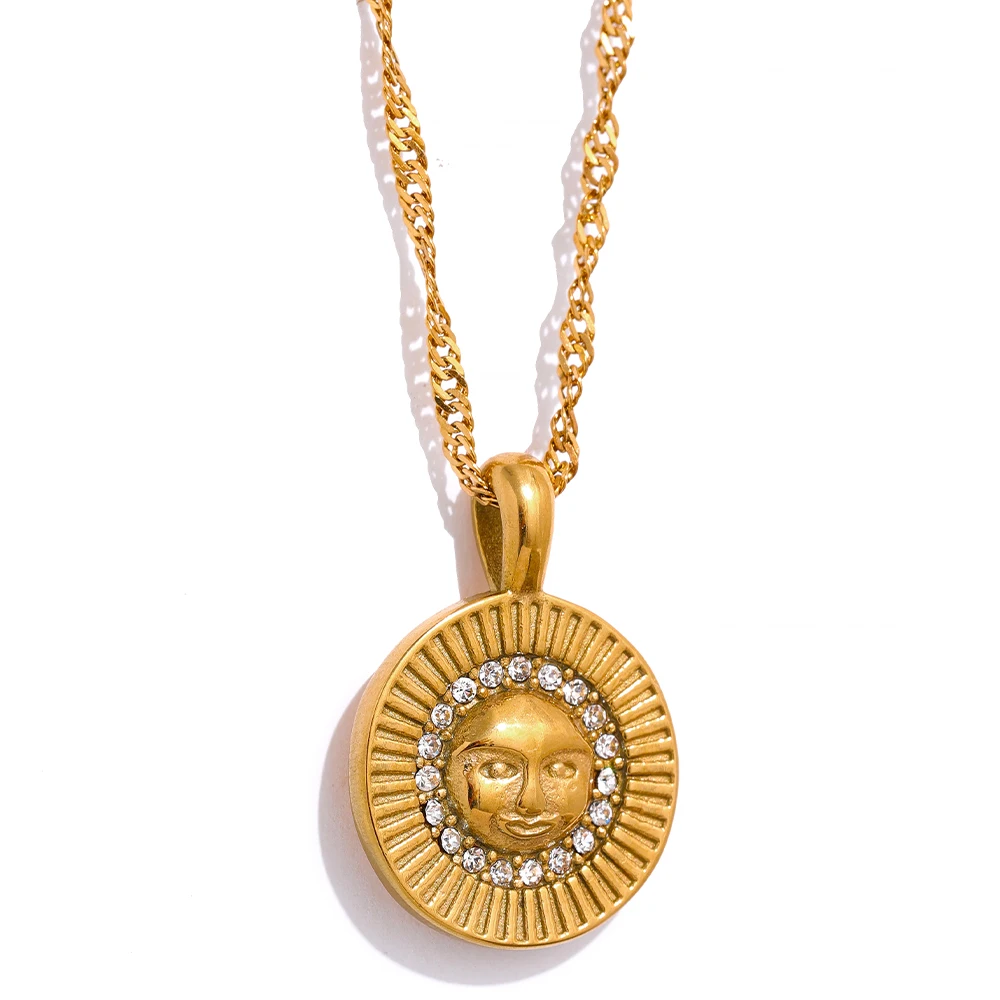 

JINYOU 1246 Statement Sun Portrait Zircon Stainless Steel Chain Round Pendant Vintage Fashion Necklace Charm Gold Color Jewelry