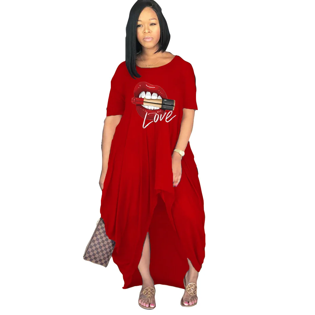 

Plus Size S-4xl Women Dresses Summer Casual Loose Lip Print Irregular Slip Hem Fashion Maxi Dress O-Neck A-line Maxi Dresses