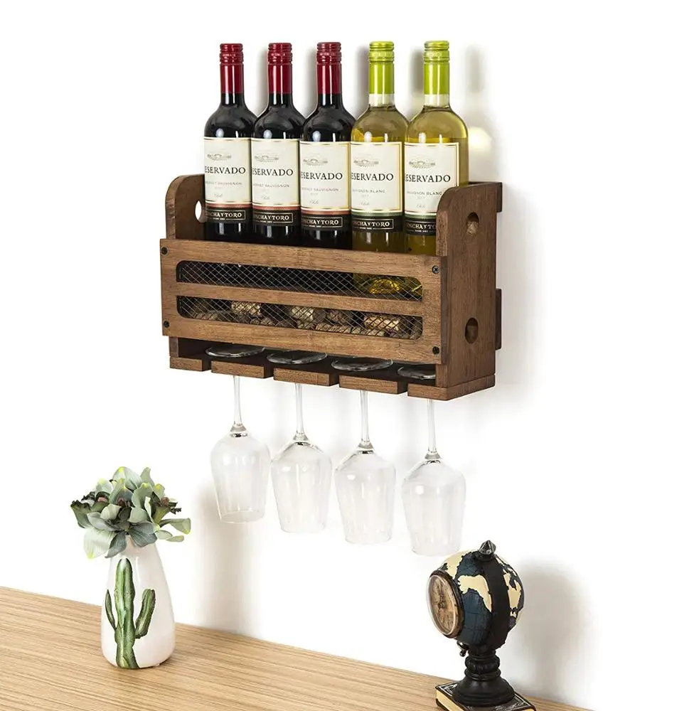 
Wall Mounted Wooden Wine Rack 5 Wine Bottles and 4 Stem Glasses Holder Wine Cork Storage Rack  (62471184103)