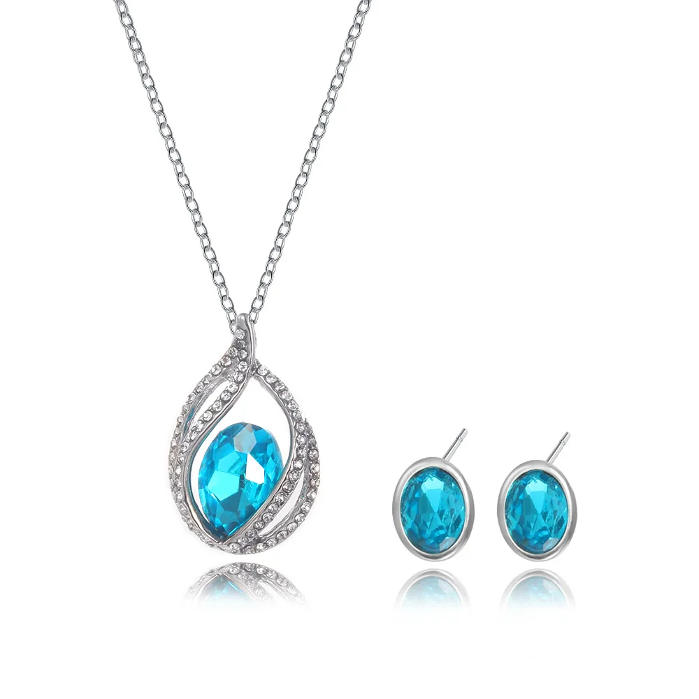 

Luxury Australian Blue Topaz Crystal Necklace Earrings Set White Gold Plated Tear CZ Zircon Bridal Jewelry Set