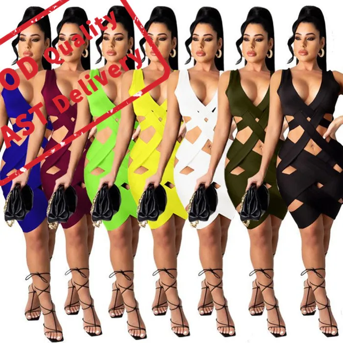 

GQ2549 hot sale summer dress women clothing solid color hollow out sleeveless plus size dress sexy club dresses, Picture color