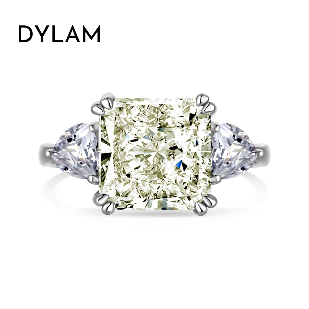 Dylam Solid 925 Sterling Silver CZ Cubic Zirconia 3 Three Stone Engagement Ring Ice Out Cut Solitaire with Heart Side Stones