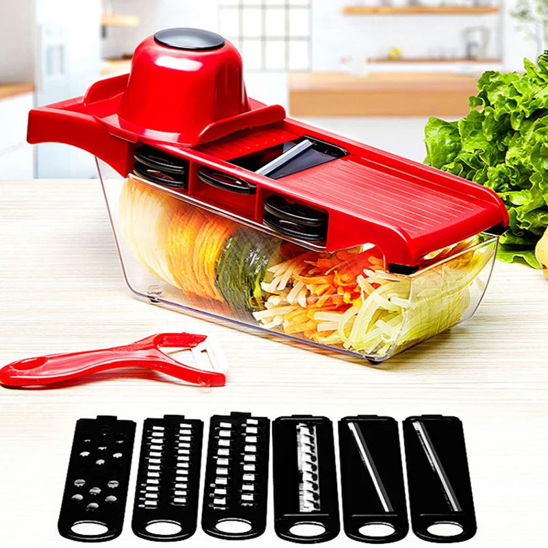 

Amazon Best Seller 6 in 1 Kitchen Plastic Multi-slicer Mandoline Slicer Veggie Food Chopper Vegetable Cutter, Red and green