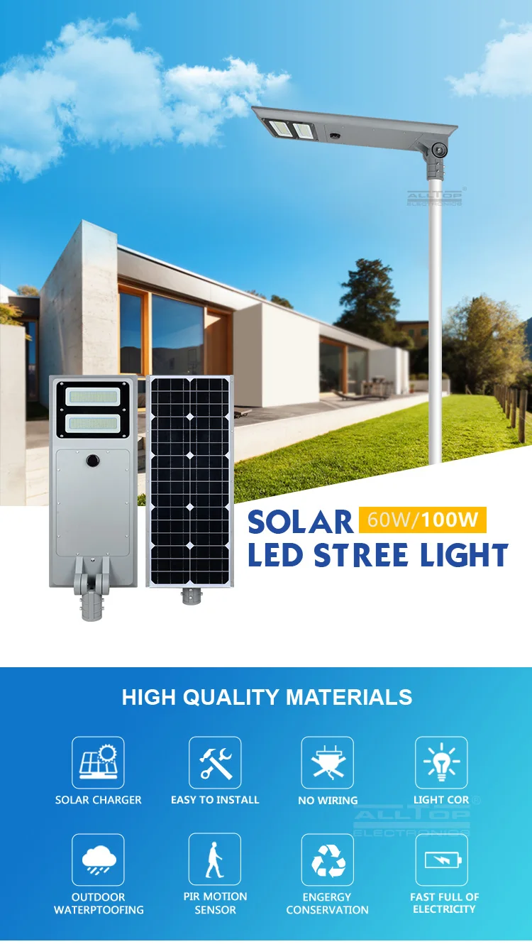 ALLTOP High lumen Outdoor ip65 bridgelux 60watt 100watt all in one solar led streetlight