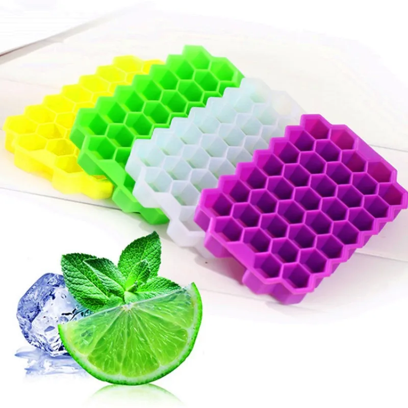 

Free Sample 37 Cavities Honeycomb Food Grade Silicone Ice Cube Tray with Lid Ice Cream Lolly Molds Trays, Pink, green, blue