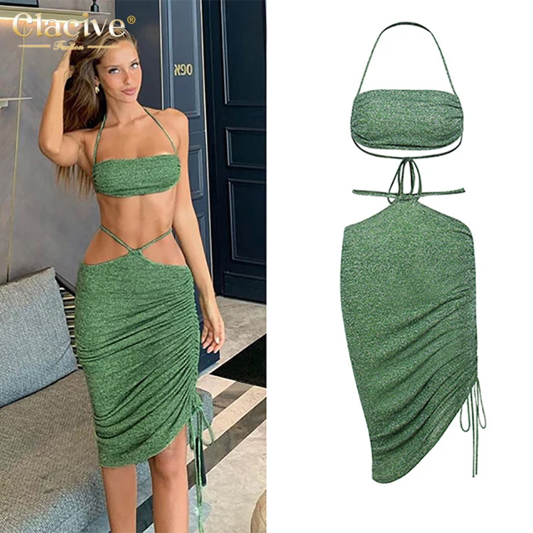 

Clacive Fast Delivery Green Sexy Halter Tank Tops Irregular Elegant Drawstring Midi Skirt Two Piece Set, Green;rose red