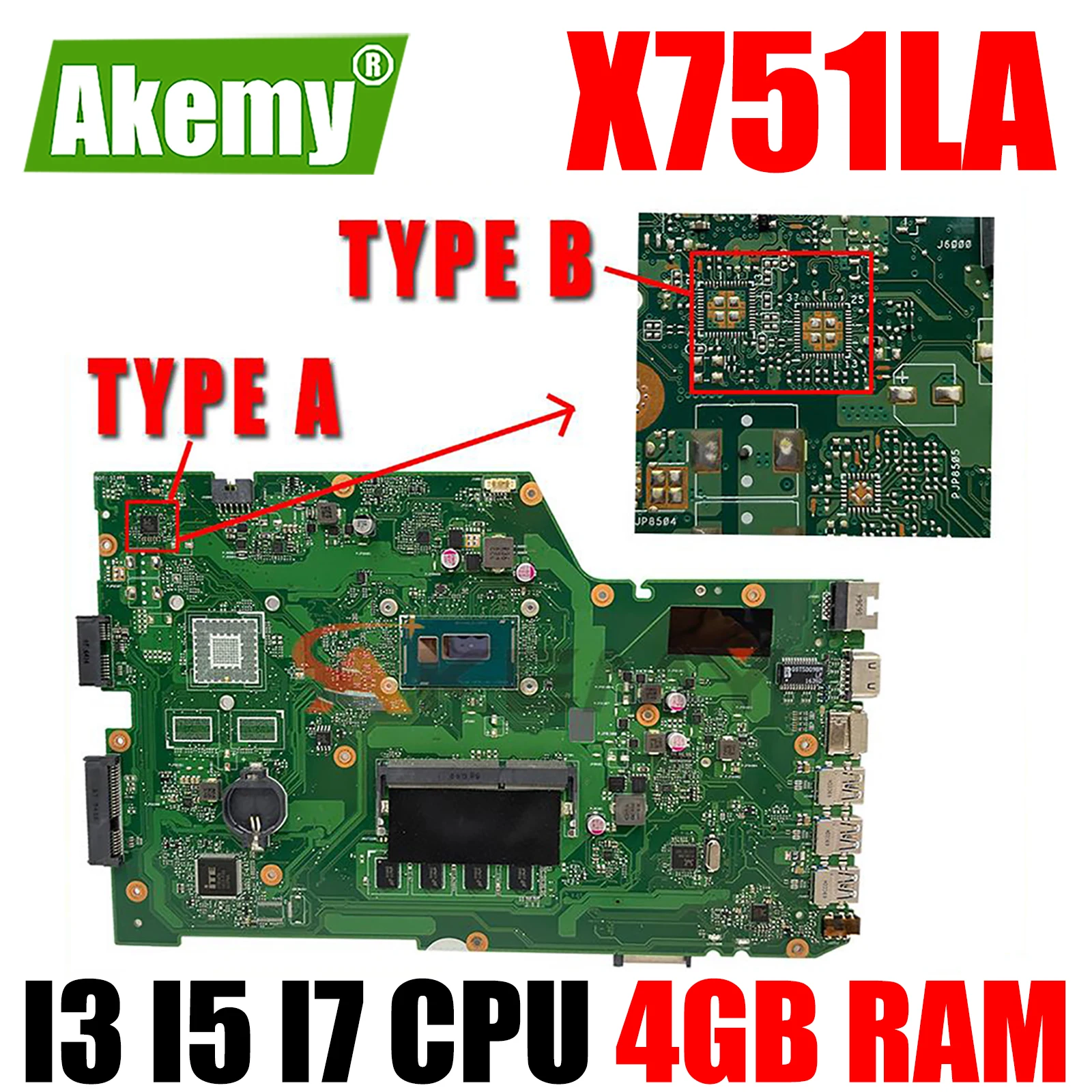 

X751LA Laptop Motherboard I3 I5 I7 4th-5th Gen CPU 4GB RAM for ASUS X751LN X751LAB X751LD X751LJ X751L X751 Notebook Mainboard