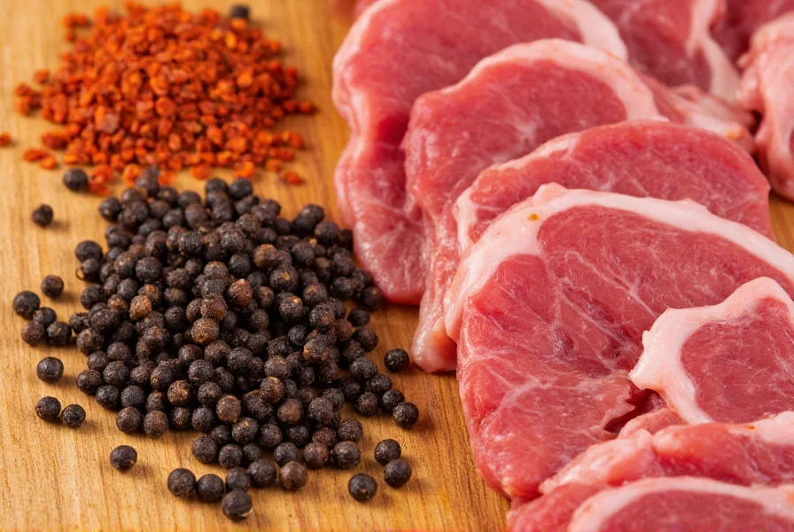 Close-up of fresh black peppercorns, red pepper flakes, and sliced lean beef arranged on wooden cutting board for homemade pepper jerky recipe