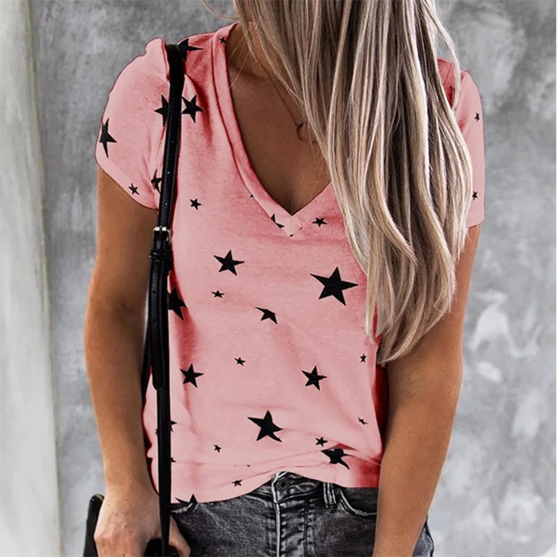 

Apparel OEM Services manufacture super soft Cotton Pima ladies t shirt ladies t shirt V neck star print blouse, As picture