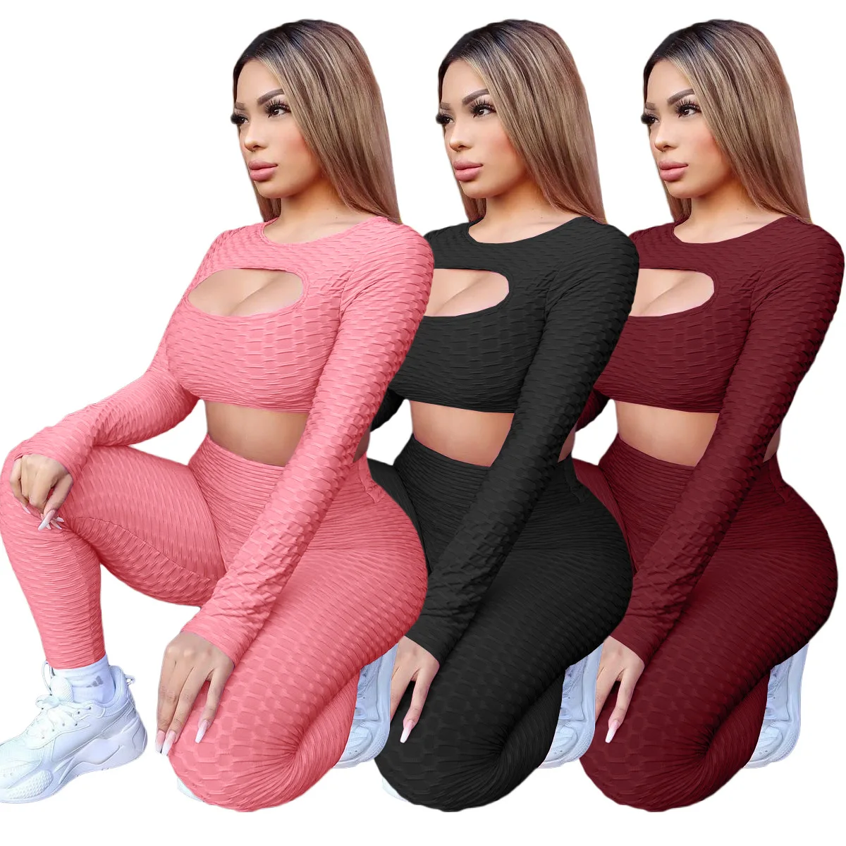 

BN147 2021 Winter New Amazon Hot Pure Hollow Two-Piece Yoga Sports Set is suitable for women, 3 colors